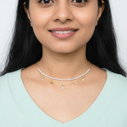 Dual-Layer Pearl and Heart Charm Choker – Elegant Gold Choker Necklace for Women LN10307