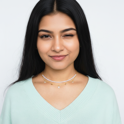 Dual-Layer Pearl and Heart Charm Choker – Elegant Gold Choker Necklace for Women LN10307