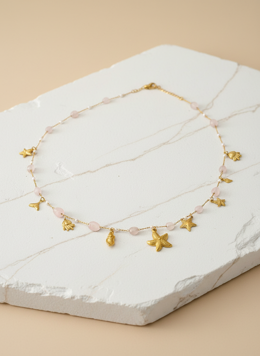 Gold Seashell Belly Chain with Pink Beads – Ocean Charm Waist Chain for Women LBC10108