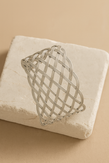 Silver Woven Mesh Cuff Bracelet – Artistic Handcrafted Statement Jewelry LB10203