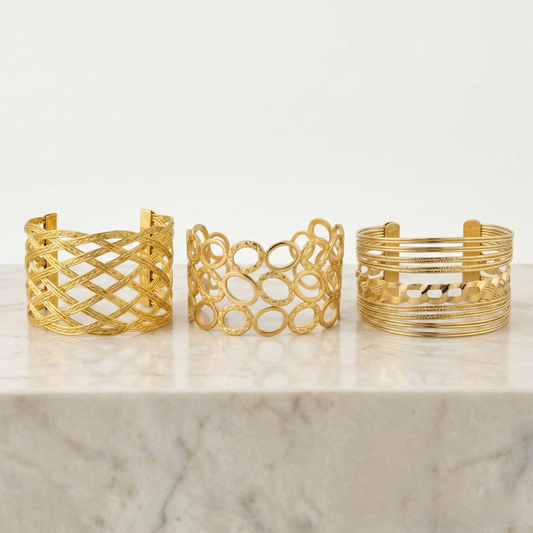 Luxury Gold Cuff Bracelet Combo Set for Women – Textured Woven, Geometric Circle & Multi-Layer Statement Bangles (Set of 3) LCS10114