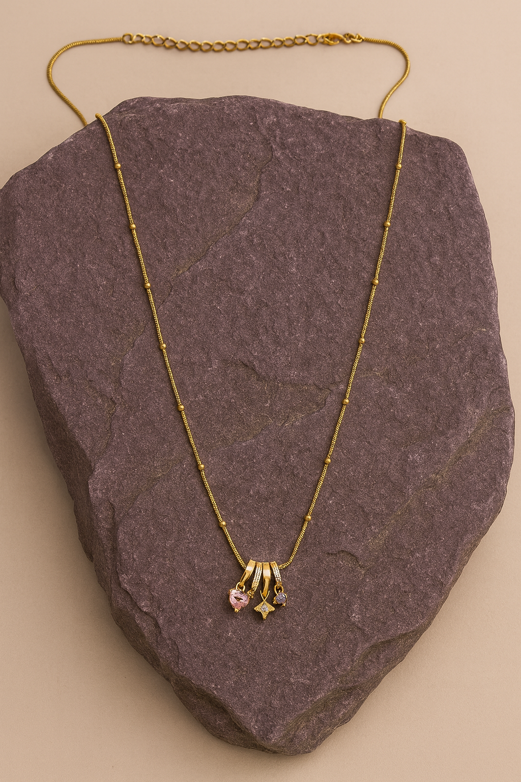 Pastel Gem Trio Charm Necklace on Beaded Snake Chain LN10274