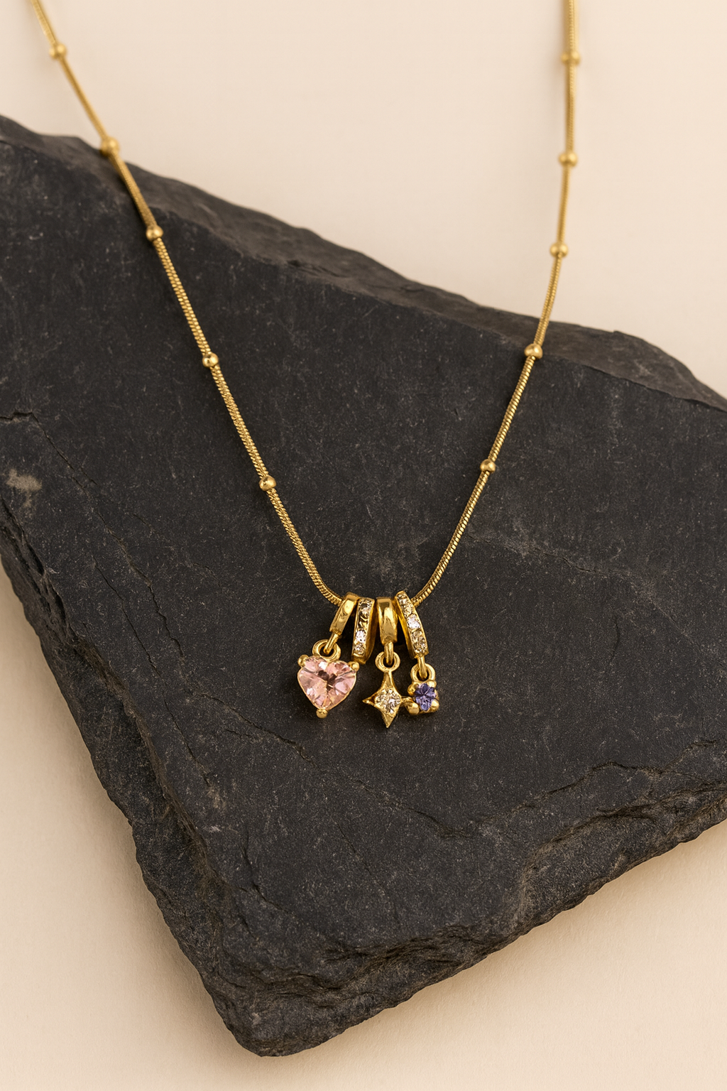 Pastel Gem Trio Charm Necklace on Beaded Snake Chain LN10274