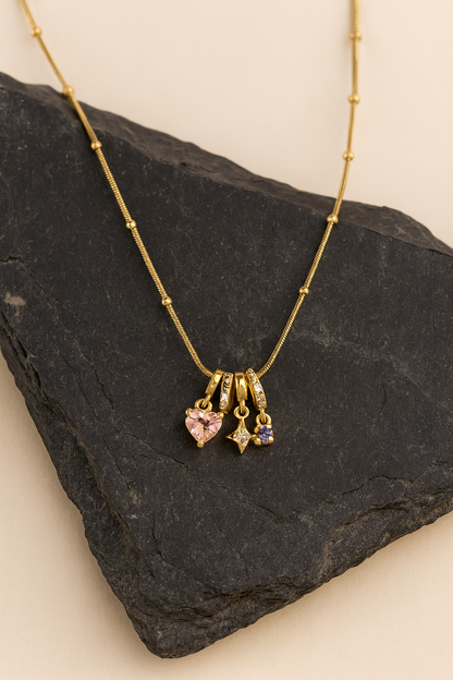 Pastel Gem Trio Charm Necklace on Beaded Snake Chain LN10274