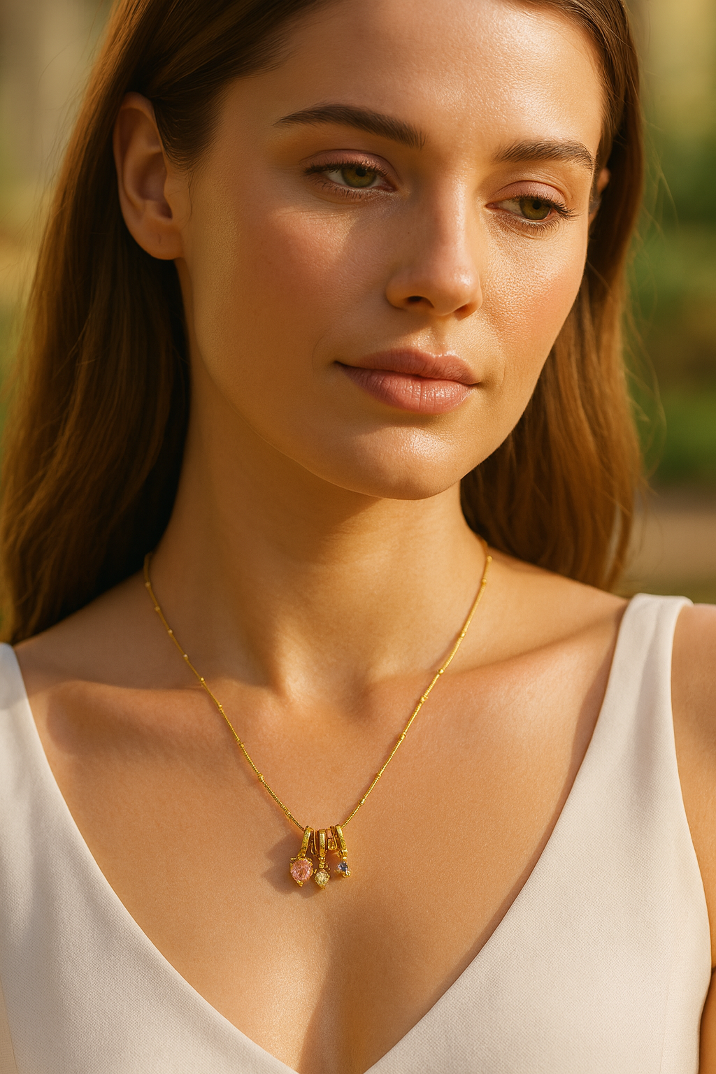 Pastel Gem Trio Charm Necklace on Beaded Snake Chain LN10274