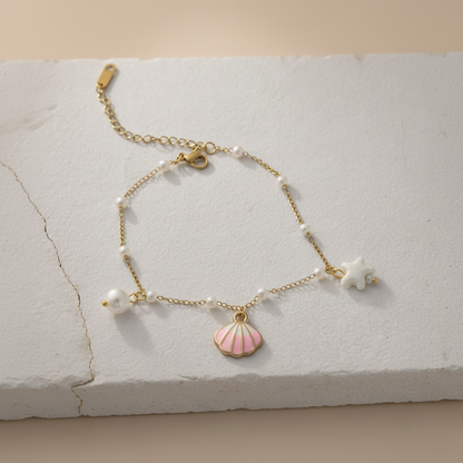 Pearl & Pink Shell Charm Anklet – Gold Plated Ocean-Inspired Minimal Jewelry LA10112