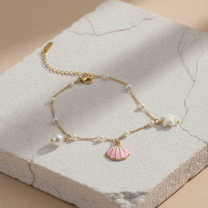 Pearl & Pink Shell Charm Anklet – Gold Plated Ocean-Inspired Minimal Jewelry LA10112