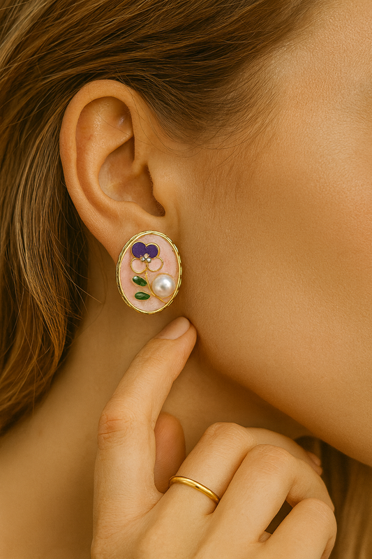 Pink Enamel Floral Gold Stud Earrings with Pearl – Handcrafted Elegant Jewelry for Women LE10276