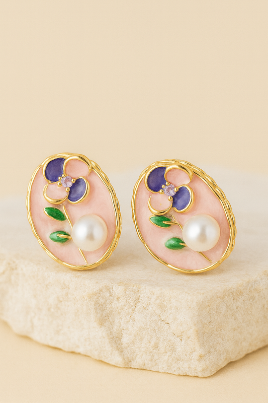 Pink Enamel Floral Gold Stud Earrings with Pearl – Handcrafted Elegant Jewelry for Women LE10276