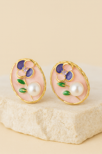 Pink Enamel Floral Gold Stud Earrings with Pearl – Handcrafted Elegant Jewelry for Women LE10276