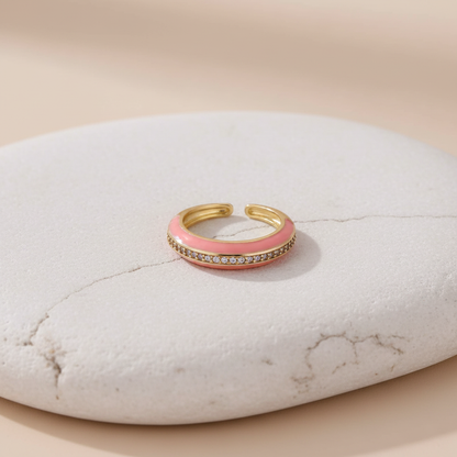 Pink Enamel & Gold Adjustable Ring with Diamond Band LR10200