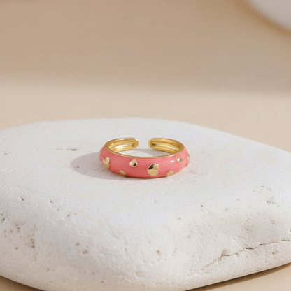 Pink Enamel & Gold Adjustable Ring with Heart Accents LR10201