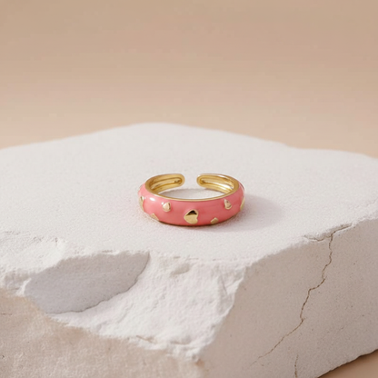Pink Enamel & Gold Adjustable Ring with Heart Accents LR10201