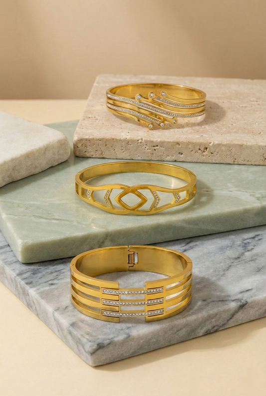 Premium Gold Bracelet Combo Set for Women – Crystal Studded Geometric Bangle & Modern Cuff Set (Pack of 3) LCS10113