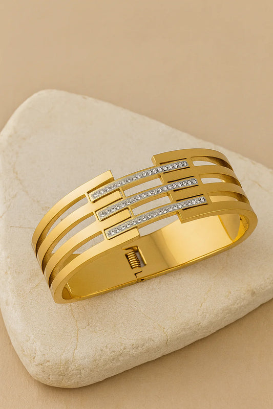 Premium Gold Bracelet Combo Set for Women – Crystal Studded Geometric Bangle & Modern Cuff Set (Pack of 3) LCS10113