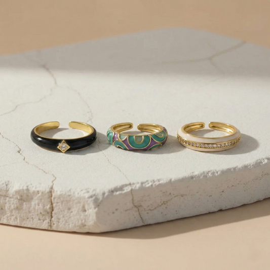 Premium Enamel Adjustable Ring Combo – Black, Teal Lavender & White Gold Diamond Rings for Women ( Pack of 3 ) LCS10116