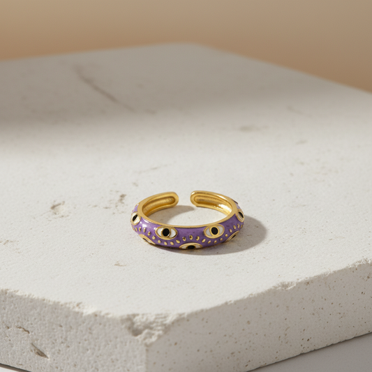 Purple Enamel & Gold Adjustable Evil Eye Ring LR10219