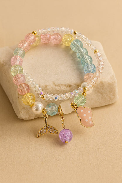 Rainbow Beaded Charm Bracelet  Colorful Crystal Beads with Moon, Pearl & Pendant Charms LB10075