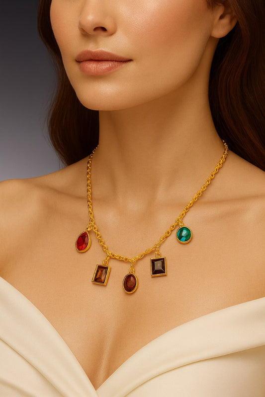 Rainbow Gemstone Charm Necklace Gold Vermeil with Multicolor Crystals  Statement Jewelry LN10115
