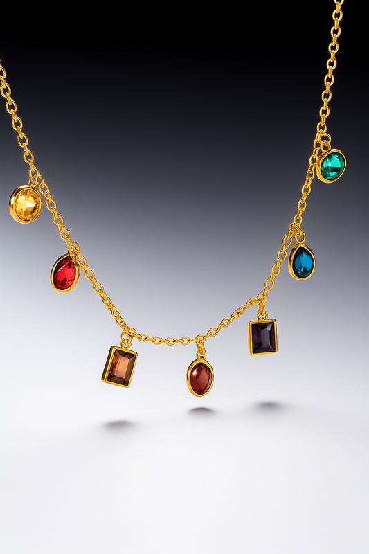 Rainbow Gemstone Charm Necklace Gold Vermeil with Multicolor Crystals  Statement Jewelry LN10115