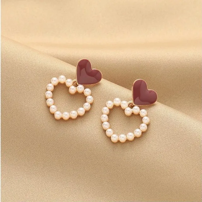 Red Heart Pearl Hoop Earrings LE10206