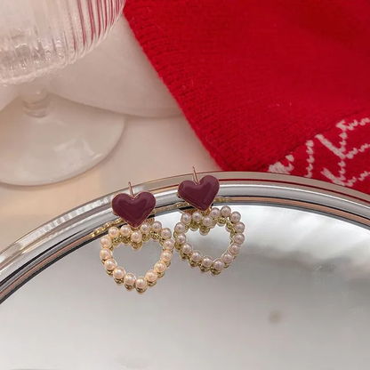 Red Heart Pearl Hoop Earrings LE10206