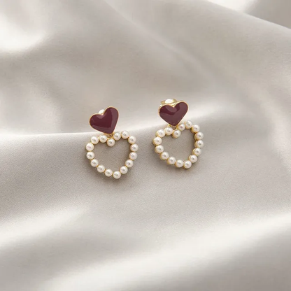 Red Heart Pearl Hoop Earrings LE10206