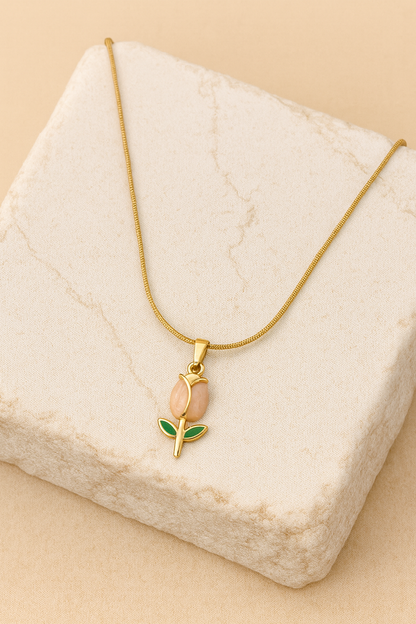 Rose Bud Pendant Necklace with Enamel Leaves LN10273