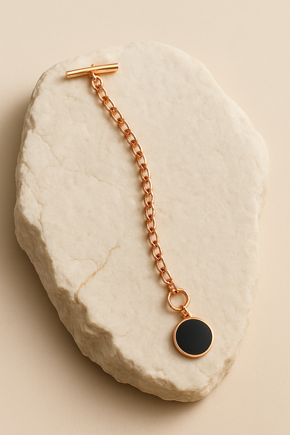 Rose Gold Chain Bracelet with Black Enamel Pendant  Modern Toggle Clasp Jewelry LB10084