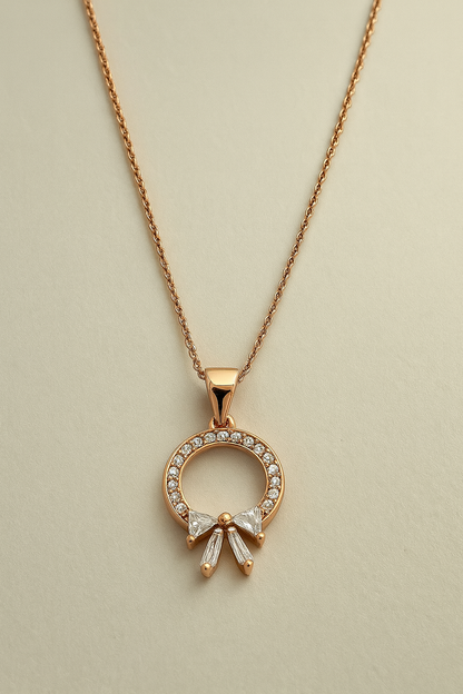 Rose Gold Bow Circle Pendant Necklace – Dainty Sparkling Chain LN10175