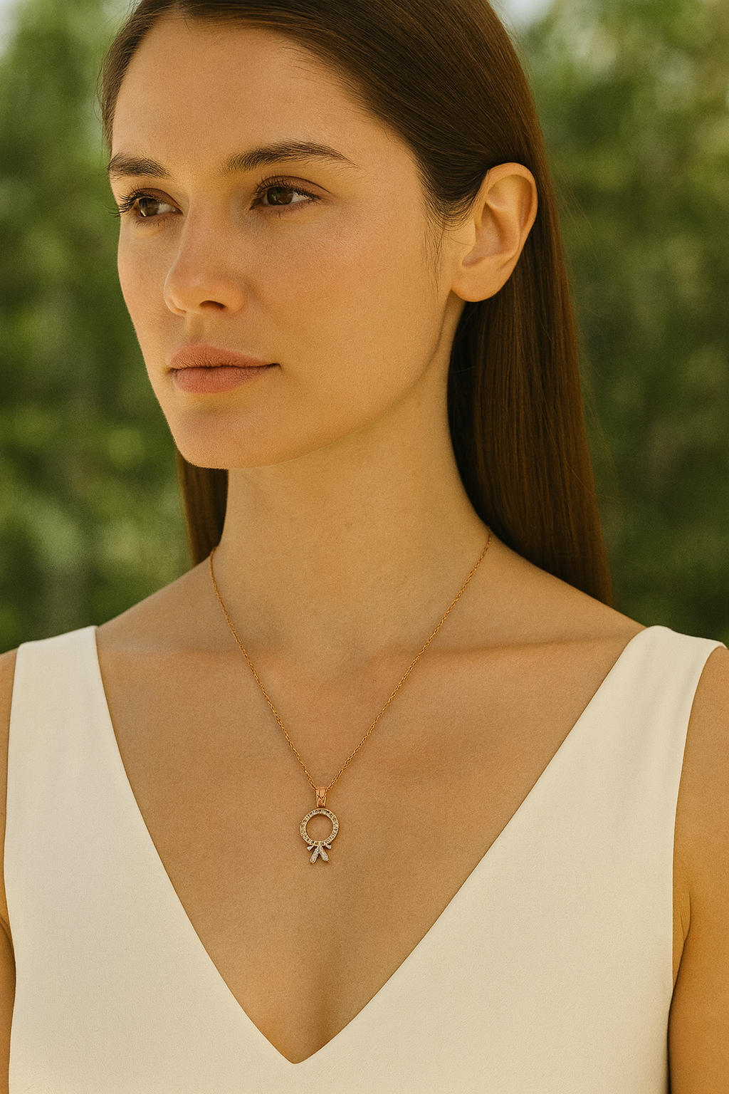 Rose Gold Bow Circle Pendant Necklace – Dainty Sparkling Chain LN10175