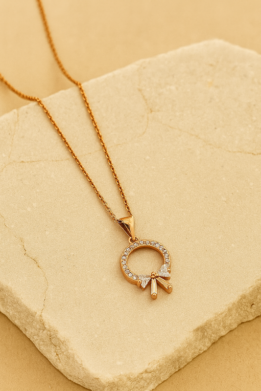 Rose Gold Bow Circle Pendant Necklace – Dainty Sparkling Chain LN10175