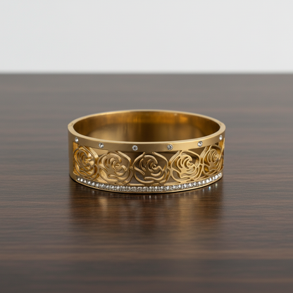 Rose Gold Cutout Bangle with Crystal Detailing – Elegant Floral Bracelet LB10192