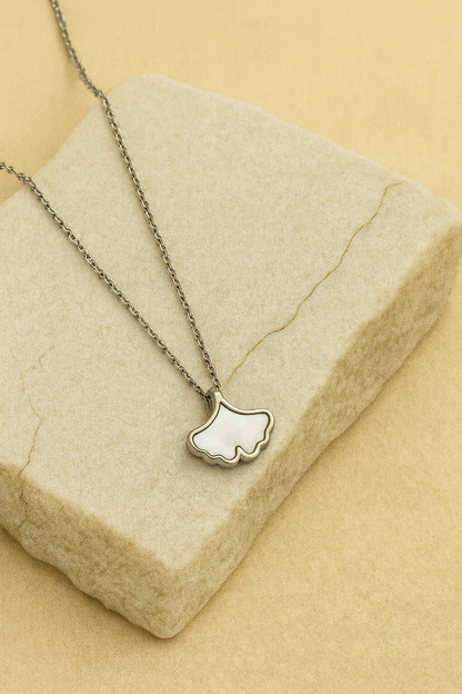 Silver Ginkgo Leaf Mother of Pearl Pendant Necklace LN10206
