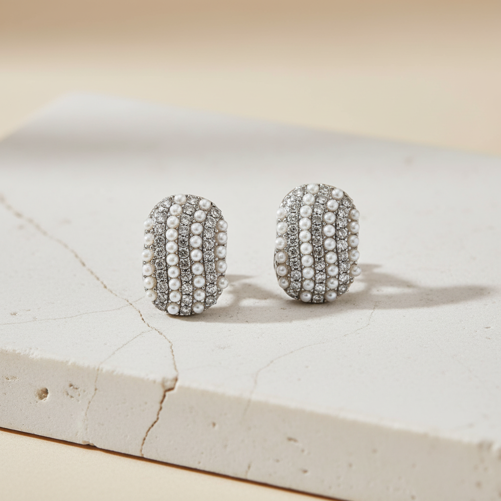 Silver Pearl Crystal Pavé Oval Stud Earrings LE10219