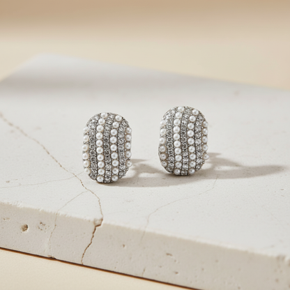 Silver Pearl Crystal Pavé Oval Stud Earrings LE10219