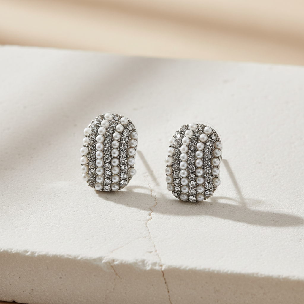 Silver Pearl Crystal Pavé Oval Stud Earrings LE10219