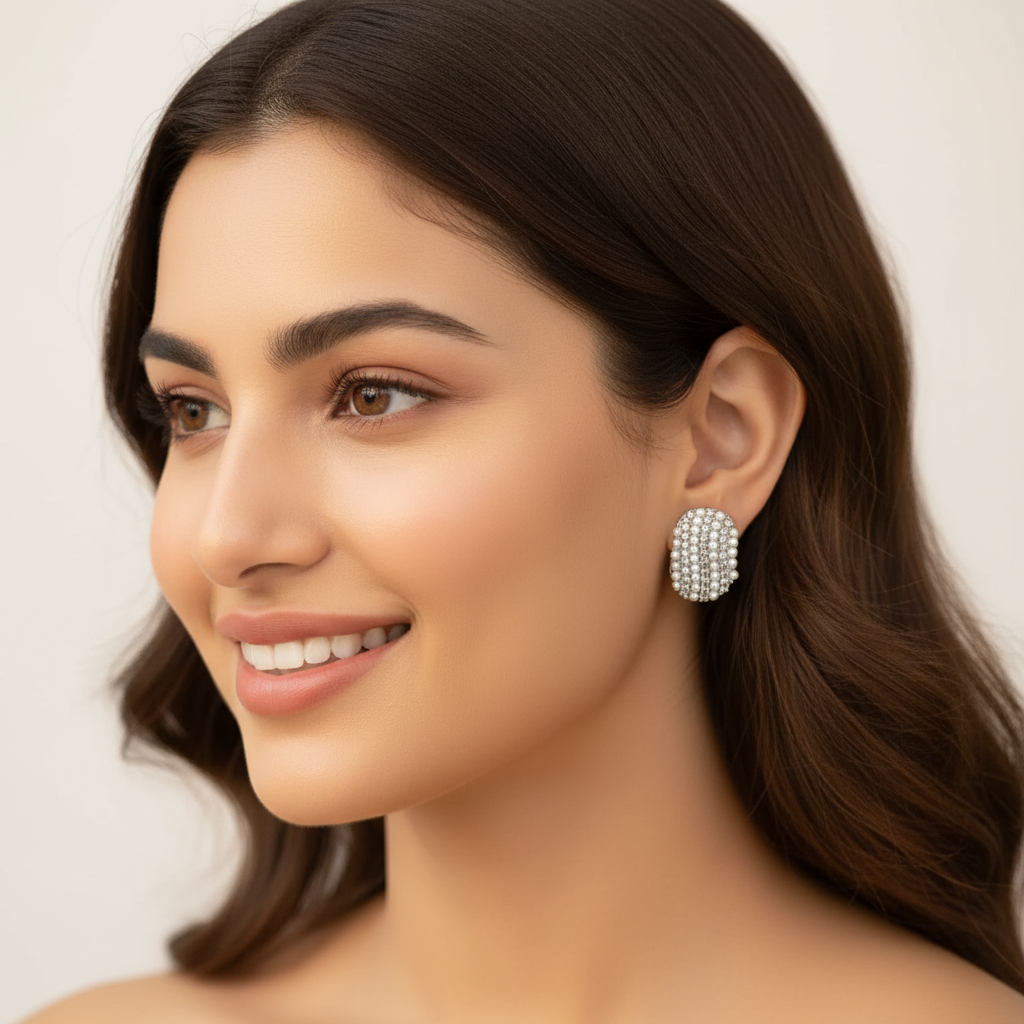 Silver Pearl Crystal Pavé Oval Stud Earrings LE10219