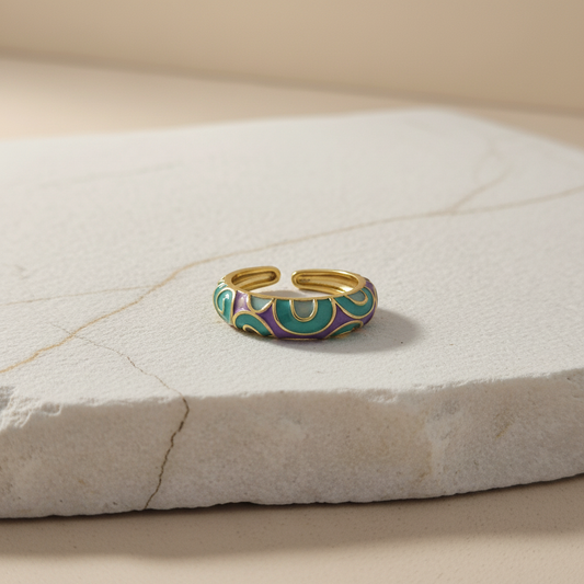 Teal & Lavender Enamel Gold Adjustable Ring LR10216