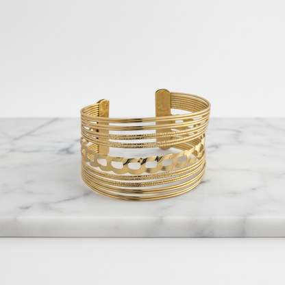 Textured Multi-Layer Gold Cuff Bracelet – Contemporary Open Bangle LB10194