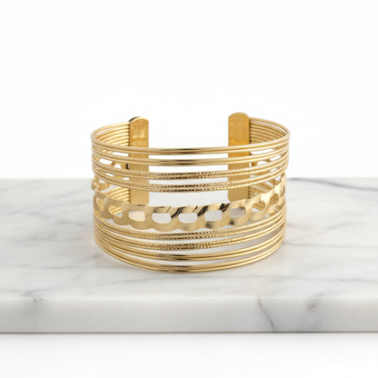 Textured Multi-Layer Gold Cuff Bracelet – Contemporary Open Bangle LB10194