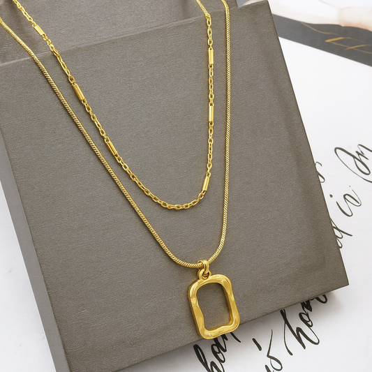 Textured Rectangle Pendant Necklace – Minimalist Double Layer Gold Chain Jewelry LN10319