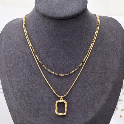 Textured Rectangle Pendant Necklace – Minimalist Double Layer Gold Chain Jewelry LN10319