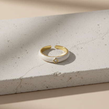White Enamel & Gold Adjustable Ring with Diamond Detail LR10197