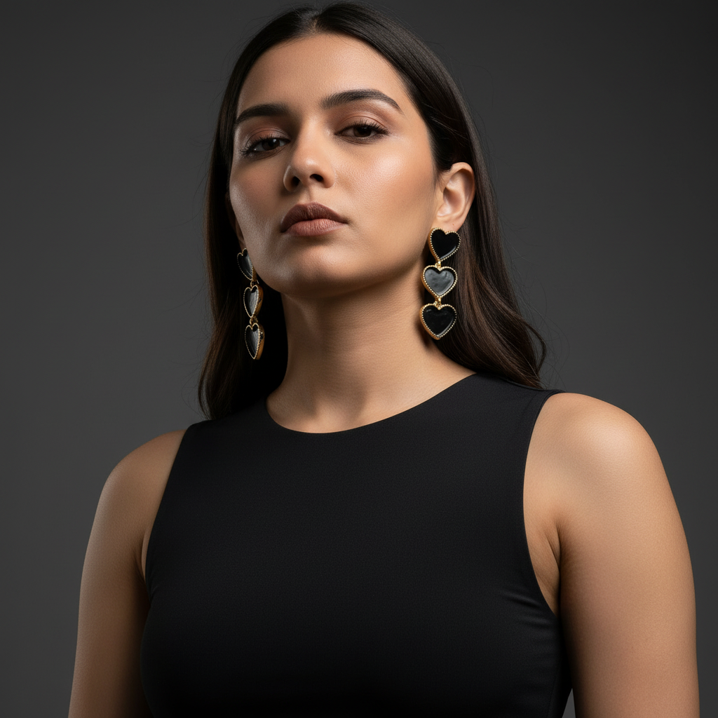 Gold Black Enamel Triple Heart Drop Earrings LE10246