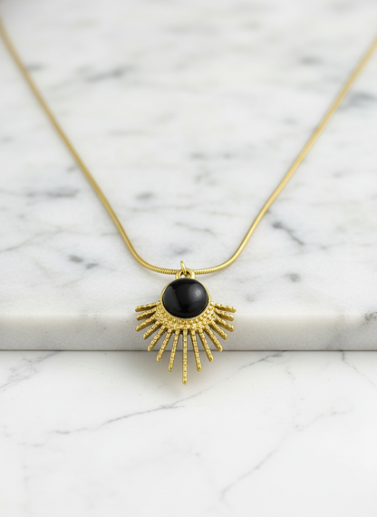 Gold Sunburst Black Stone Pendant Necklace LN10227