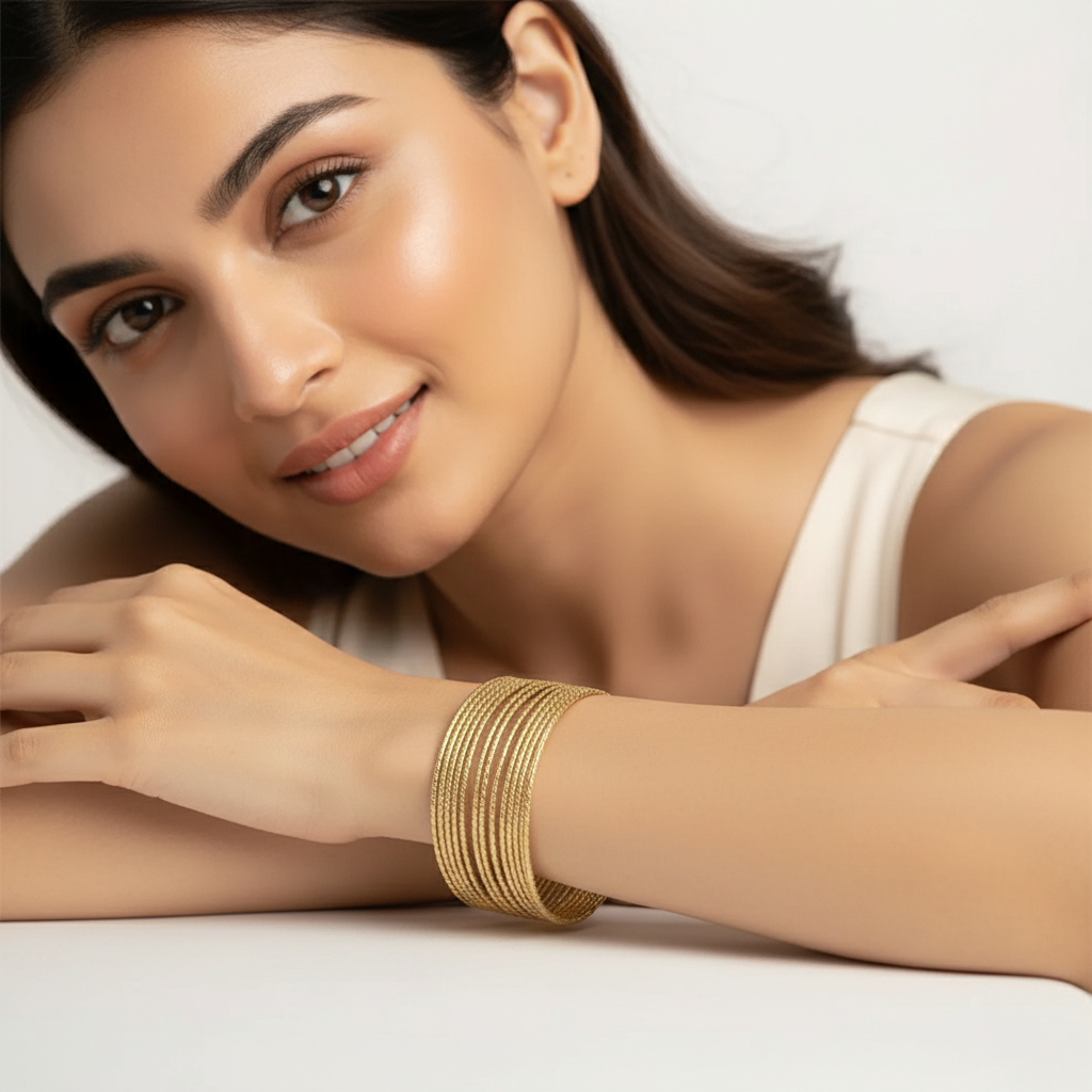 Textured Gold Wire Cuff Bracelet – Modern Multi-Strand Open Bangle LB10197